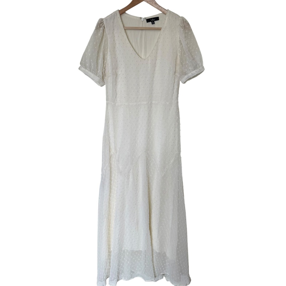 Lulus Swiss Dot maxi Dress Women M Ivory Excellent Puff Sleeve V-Neck Romantic